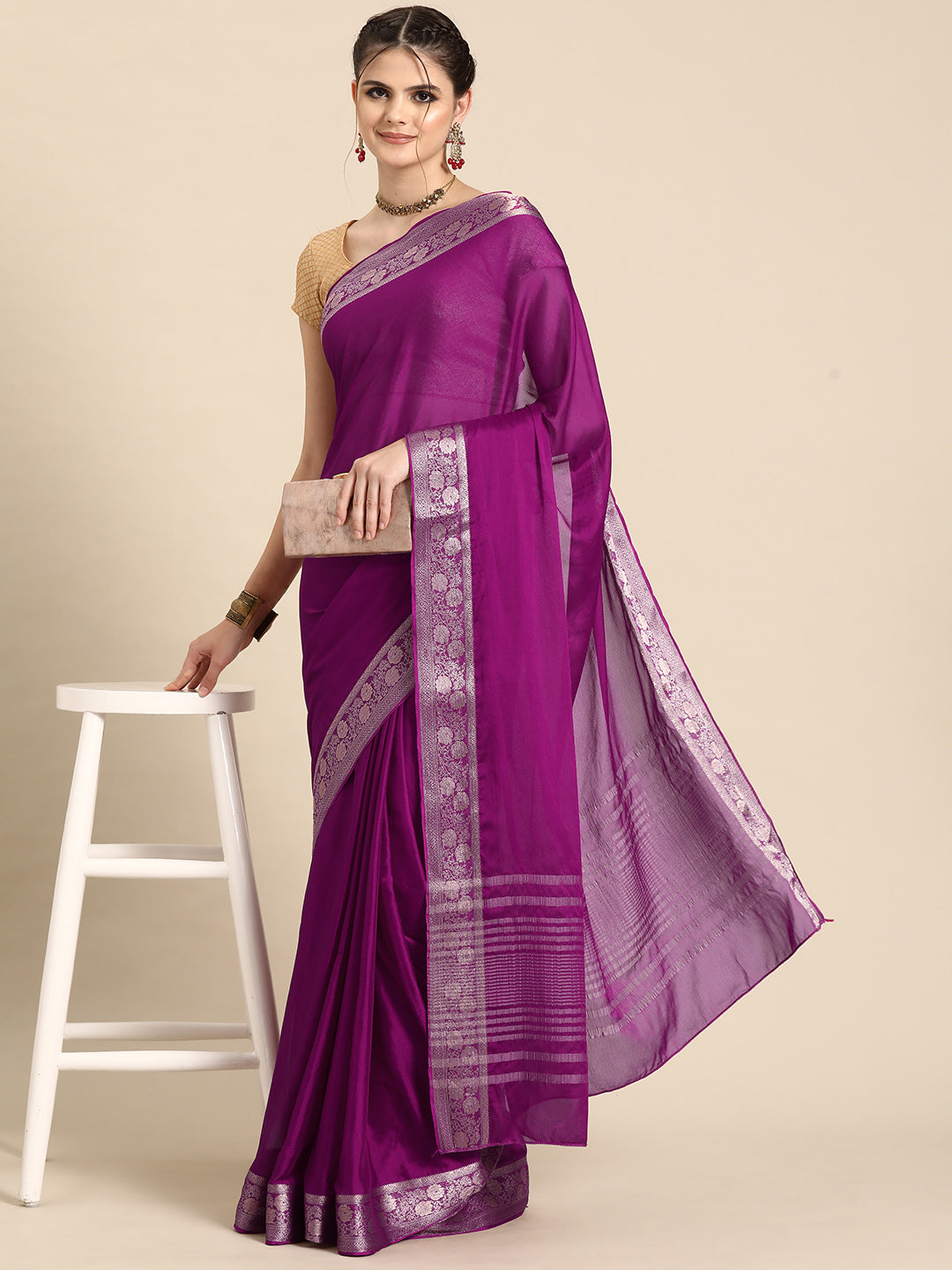 Purple Pure Viscose Chinon Zari Woven Solid Saree with Unstitched Blouse - Hiral Fashion | Grocsy