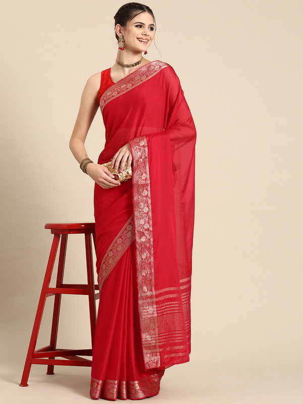 Red Pure Viscose Chinon Zari Woven Solid Saree with Unstitched Blouse - Hiral Fashion | Grocsy