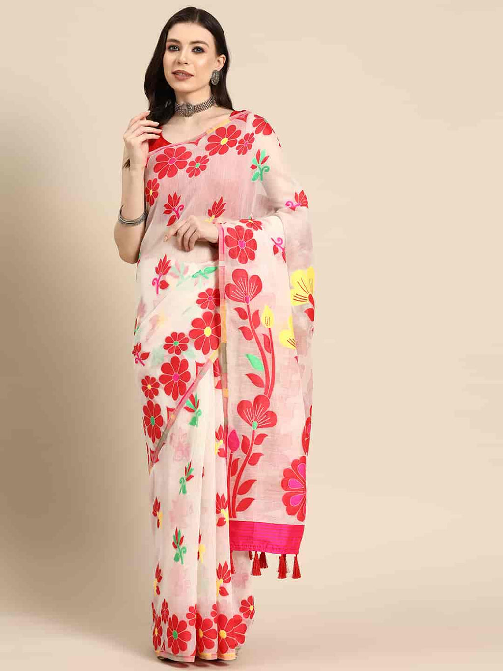 Off White Pure Cotton Woven Zari Design Floral Saree with Unstitched Blouse - Hiral Fashion | Grocsy