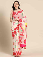 Off White Pure Cotton Woven Zari Design Floral Saree with Unstitched Blouse - Hiral Fashion | Grocsy