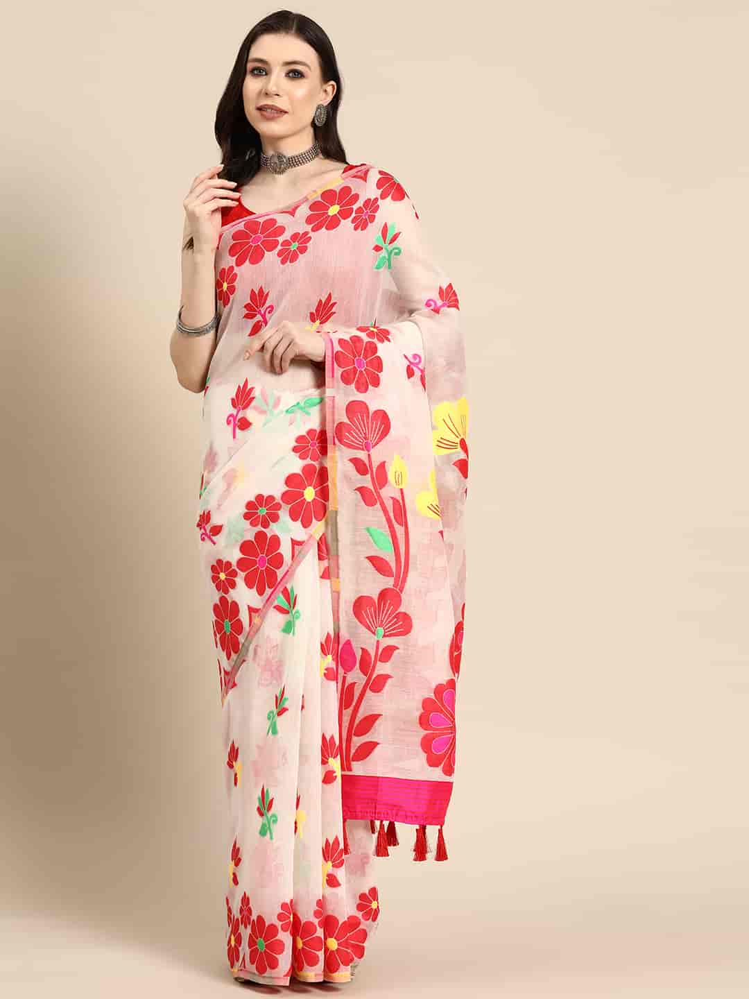 Off White Pure Cotton Woven Zari Design Floral Saree with Unstitched Blouse - Hiral Fashion | Grocsy
