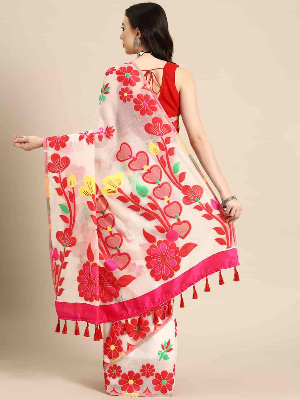 Off White Pure Cotton Woven Zari Design Floral Saree with Unstitched Blouse - Hiral Fashion | Grocsy