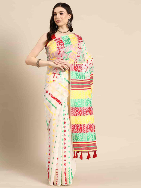 Off White Pure Cotton Woven Zari Design Floral Saree with Unstitched Blouse - Hiral Fashion | Grocsy