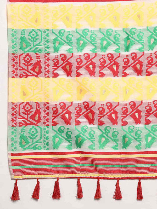 Off White Pure Cotton Woven Zari Design Floral Saree with Unstitched Blouse - Hiral Fashion | Grocsy