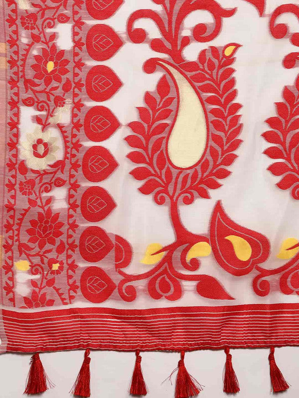 Off White Pure Cotton Woven Zari Design Floral Saree with Unstitched Blouse - Hiral Fashion | Grocsy