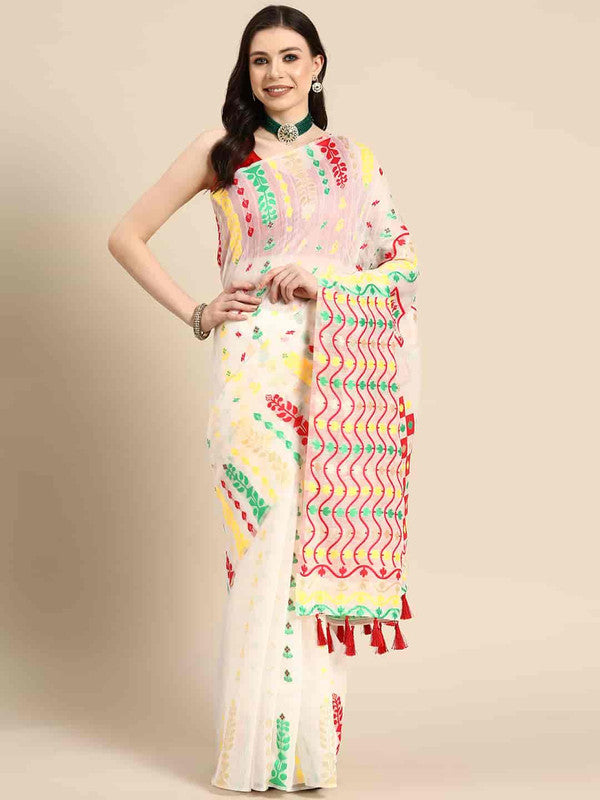 Off White Pure Cotton Woven Zari Design Floral Saree with Unstitched Blouse - Hiral Fashion | Grocsy