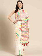 Off White Pure Cotton Woven Zari Design Floral Saree with Unstitched Blouse - Hiral Fashion | Grocsy
