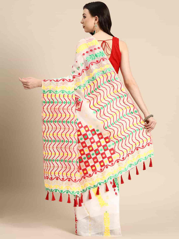 Off White Pure Cotton Woven Zari Design Floral Saree with Unstitched Blouse - Hiral Fashion | Grocsy