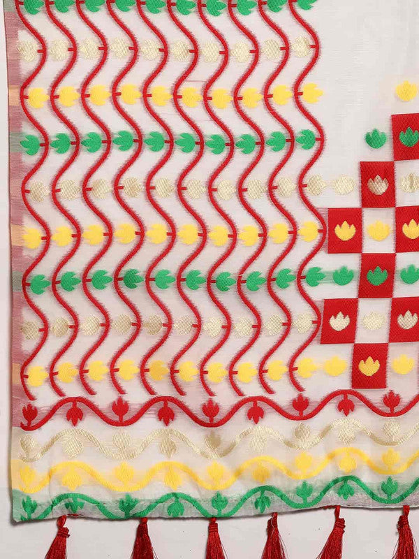 Off White Pure Cotton Woven Zari Design Floral Saree with Unstitched Blouse - Hiral Fashion | Grocsy