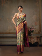 Green Pure Silk Woven Zari Design Floral Saree with Unstitched Blouse - Hiral Fashion | Grocsy