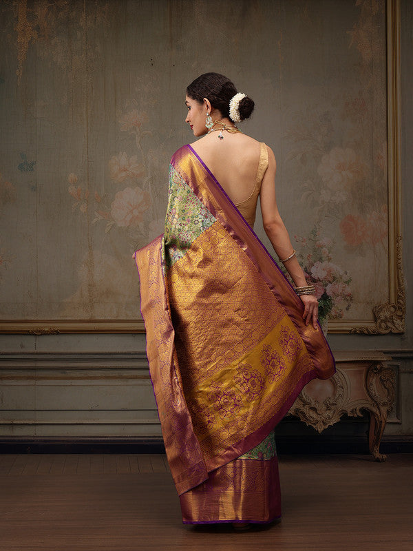 Green Pure Silk Woven Zari Design Floral Saree with Unstitched Blouse - Hiral Fashion | Grocsy