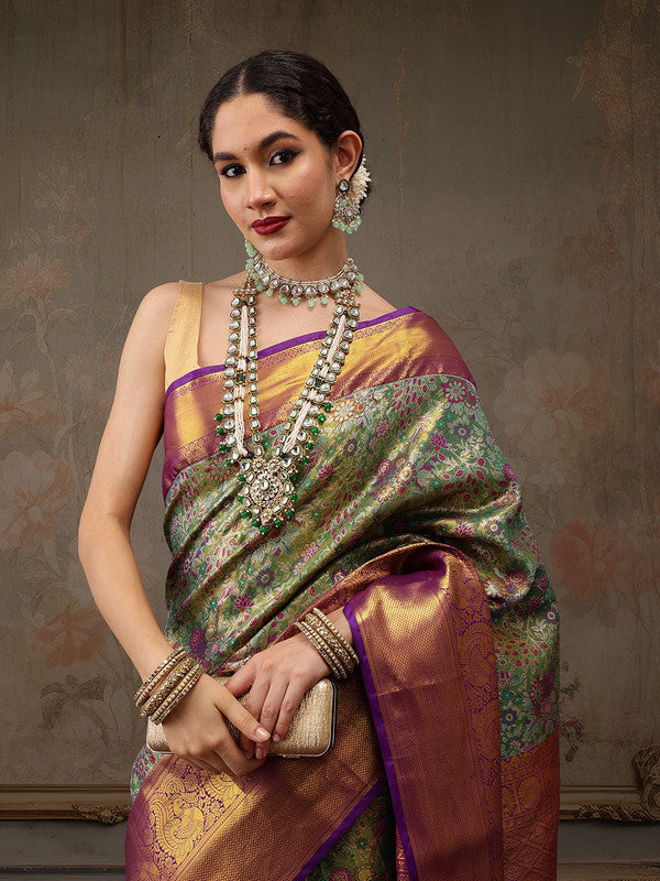 Green Pure Silk Woven Zari Design Floral Saree with Unstitched Blouse - Hiral Fashion | Grocsy