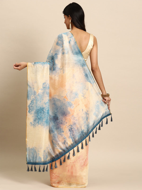 Beige Organza Printed Tie and Dye Saree with Unstitched Blouse - Hiral Fashion | Grocsy