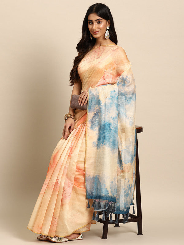 Beige Organza Printed Tie and Dye Saree with Unstitched Blouse - Hiral Fashion | Grocsy