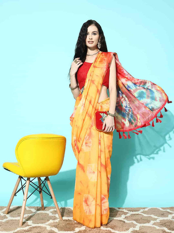 Mustard Organza Printed Tie and Dye Saree with Unstitched Blouse - Hiral Fashion | Grocsy
