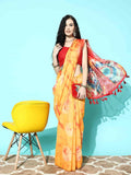 Mustard Organza Printed Tie and Dye Saree with Unstitched Blouse - Hiral Fashion | Grocsy