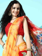 Mustard Organza Printed Tie and Dye Saree with Unstitched Blouse - Hiral Fashion | Grocsy