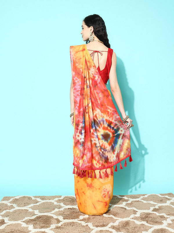 Mustard Organza Printed Tie and Dye Saree with Unstitched Blouse - Hiral Fashion | Grocsy
