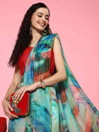 Multicolor Organza Printed Tie and Dye Saree with Unstitched Blouse - Hiral Fashion | Grocsy