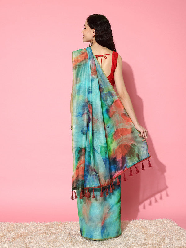 Multicolor Organza Printed Tie and Dye Saree with Unstitched Blouse - Hiral Fashion | Grocsy