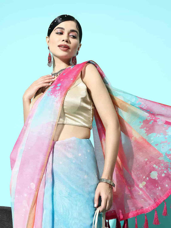 Pink Organza Printed Tie and Dye Saree with Unstitched Blouse - Hiral Fashion | Grocsy