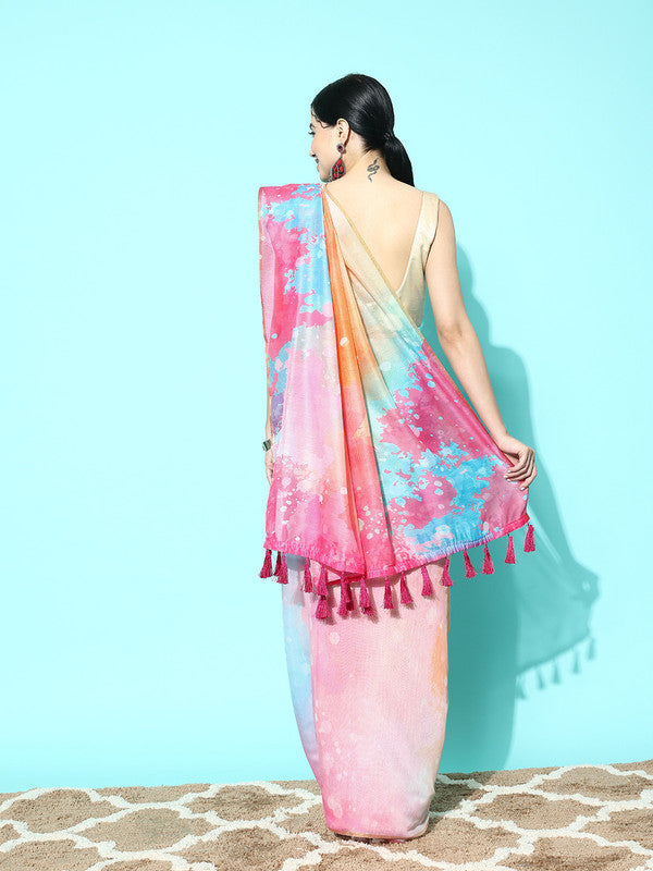 Pink Organza Printed Tie and Dye Saree with Unstitched Blouse - Hiral Fashion | Grocsy