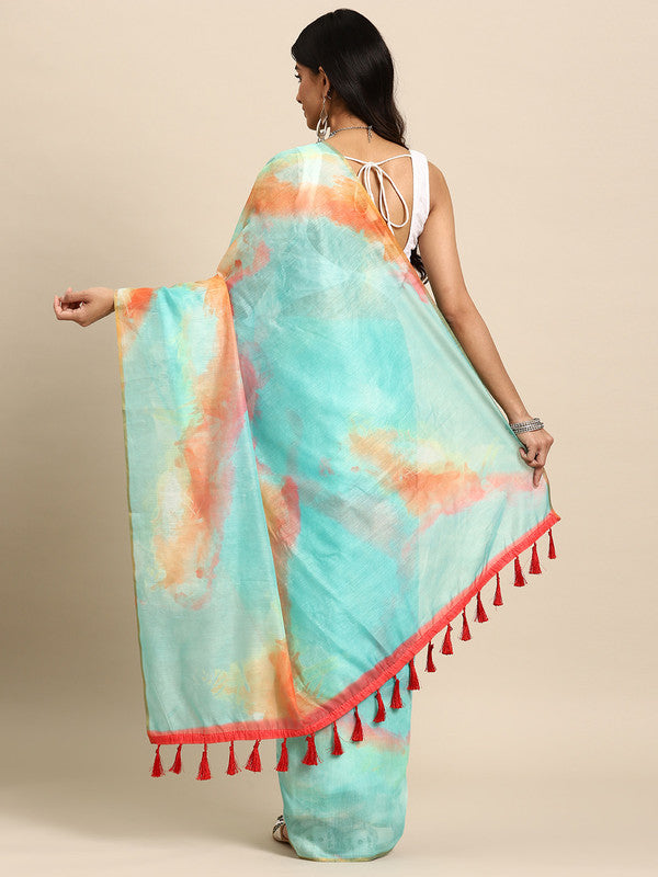 Green Organza Printed Tie and Dye Saree with Unstitched Blouse - Hiral Fashion | Grocsy
