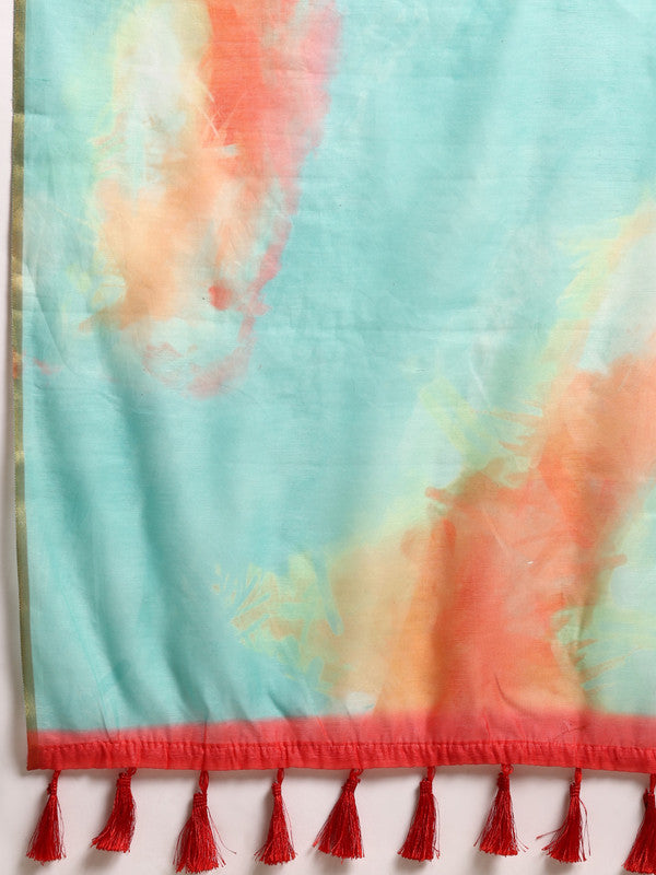 Green Organza Printed Tie and Dye Saree with Unstitched Blouse - Hiral Fashion | Grocsy