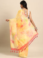 Yellow Organza Printed Tie and Dye Saree with Unstitched Blouse - Hiral Fashion | Grocsy