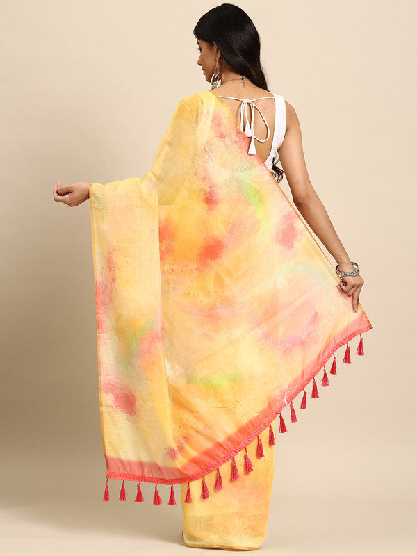 Yellow Organza Printed Tie and Dye Saree with Unstitched Blouse - Hiral Fashion | Grocsy