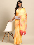 Yellow Organza Printed Tie and Dye Saree with Unstitched Blouse - Hiral Fashion | Grocsy