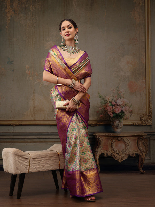Gray/Silver Pure Silk Woven Zari Design Floral Saree with Unstitched Blouse - Hiral Fashion | Grocsy