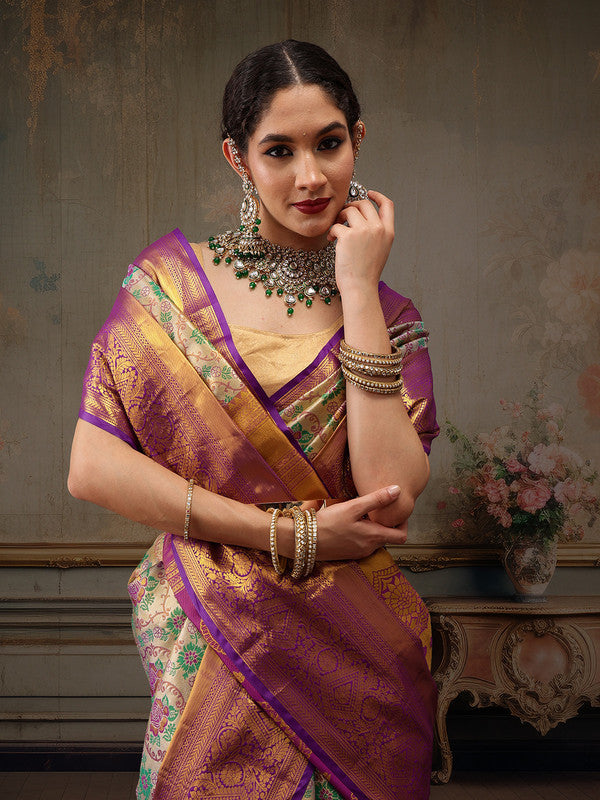 Gray/Silver Pure Silk Woven Zari Design Floral Saree with Unstitched Blouse - Hiral Fashion | Grocsy