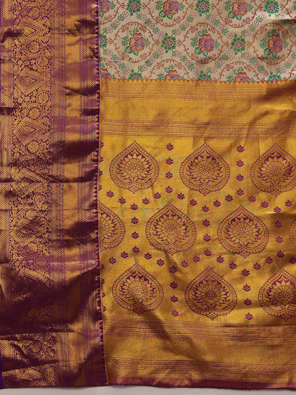 Gray/Silver Pure Silk Woven Zari Design Floral Saree with Unstitched Blouse - Hiral Fashion | Grocsy