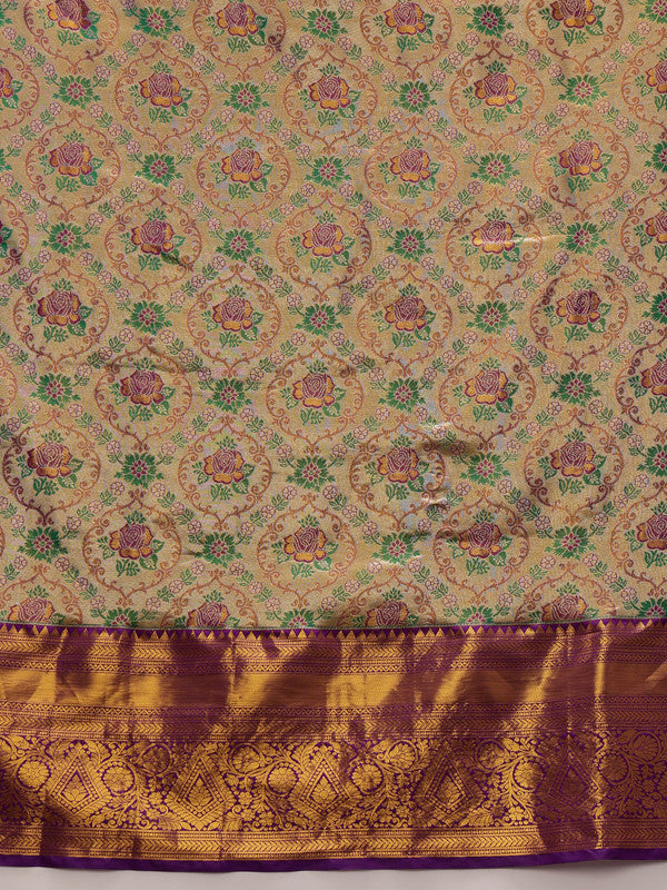 Gray/Silver Pure Silk Woven Zari Design Floral Saree with Unstitched Blouse - Hiral Fashion | Grocsy