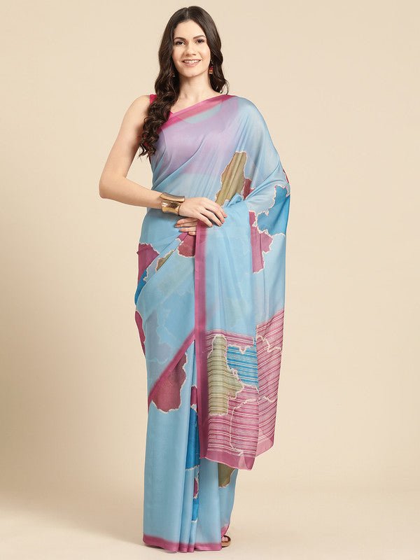 Aqua Silk Blend Printed Abstract Saree with Unstitched Blouse - Hiral Fashion | Grocsy