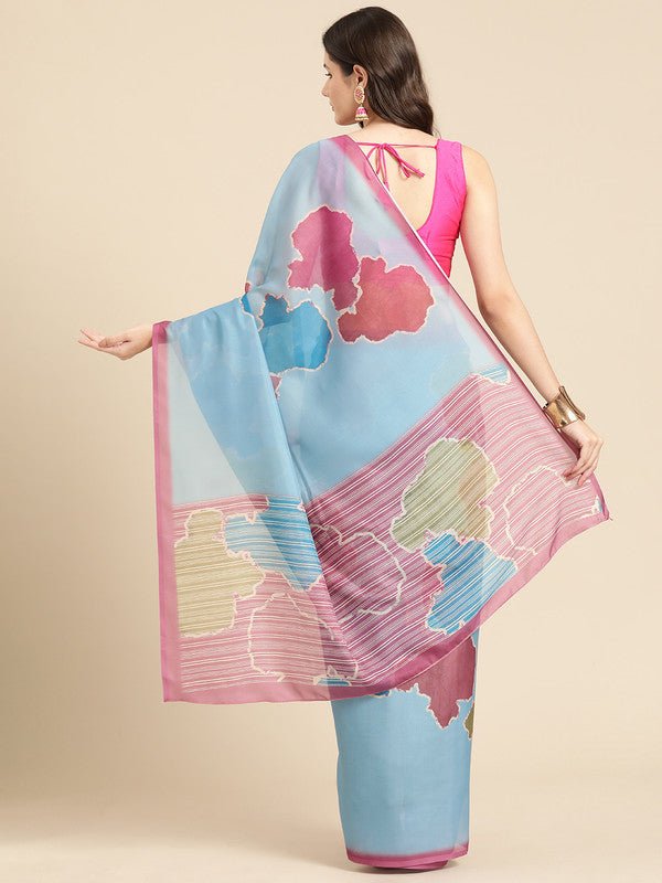 Aqua Silk Blend Printed Abstract Saree with Unstitched Blouse - Hiral Fashion | Grocsy