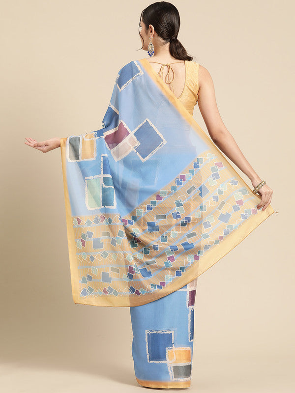 Blue Silk Blend Printed Abstract Saree with Unstitched Blouse - Hiral Fashion | Grocsy