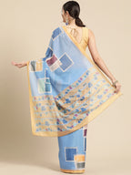 Blue Silk Blend Printed Abstract Saree with Unstitched Blouse - Hiral Fashion | Grocsy