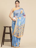 Blue Silk Blend Printed Abstract Saree with Unstitched Blouse - Hiral Fashion | Grocsy