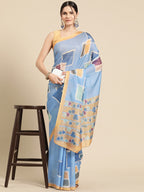 Blue Silk Blend Printed Abstract Saree with Unstitched Blouse - Hiral Fashion | Grocsy