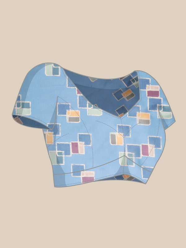 Blue Silk Blend Printed Abstract Saree with Unstitched Blouse - Hiral Fashion | Grocsy