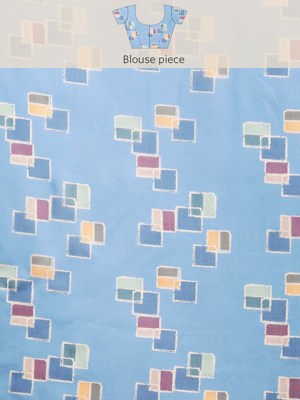 Blue Silk Blend Printed Abstract Saree with Unstitched Blouse - Hiral Fashion | Grocsy