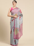 Dark Gray Silk Blend Printed Abstract Saree with Unstitched Blouse - Hiral Fashion | Grocsy