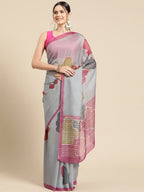 Dark Gray Silk Blend Printed Abstract Saree with Unstitched Blouse - Hiral Fashion | Grocsy