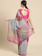 Dark Gray Silk Blend Printed Abstract Saree with Unstitched Blouse - Hiral Fashion | Grocsy
