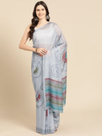 Gray Silk Blend Printed Abstract Saree with Unstitched Blouse - Hiral Fashion | Grocsy