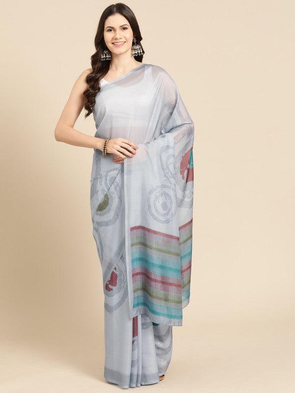 Gray Silk Blend Printed Abstract Saree with Unstitched Blouse - Hiral Fashion | Grocsy
