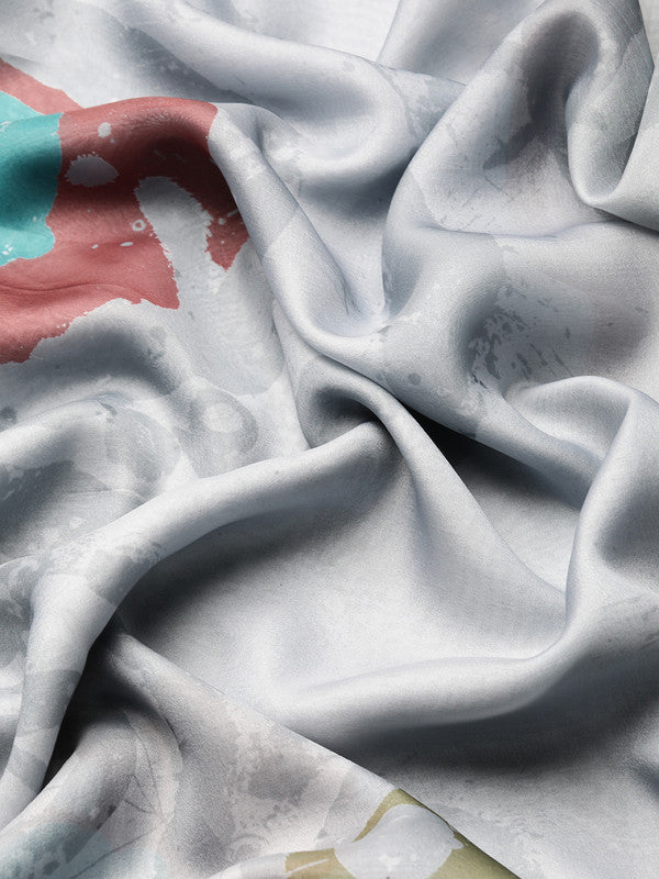Gray Silk Blend Printed Abstract Saree with Unstitched Blouse - Hiral Fashion | Grocsy