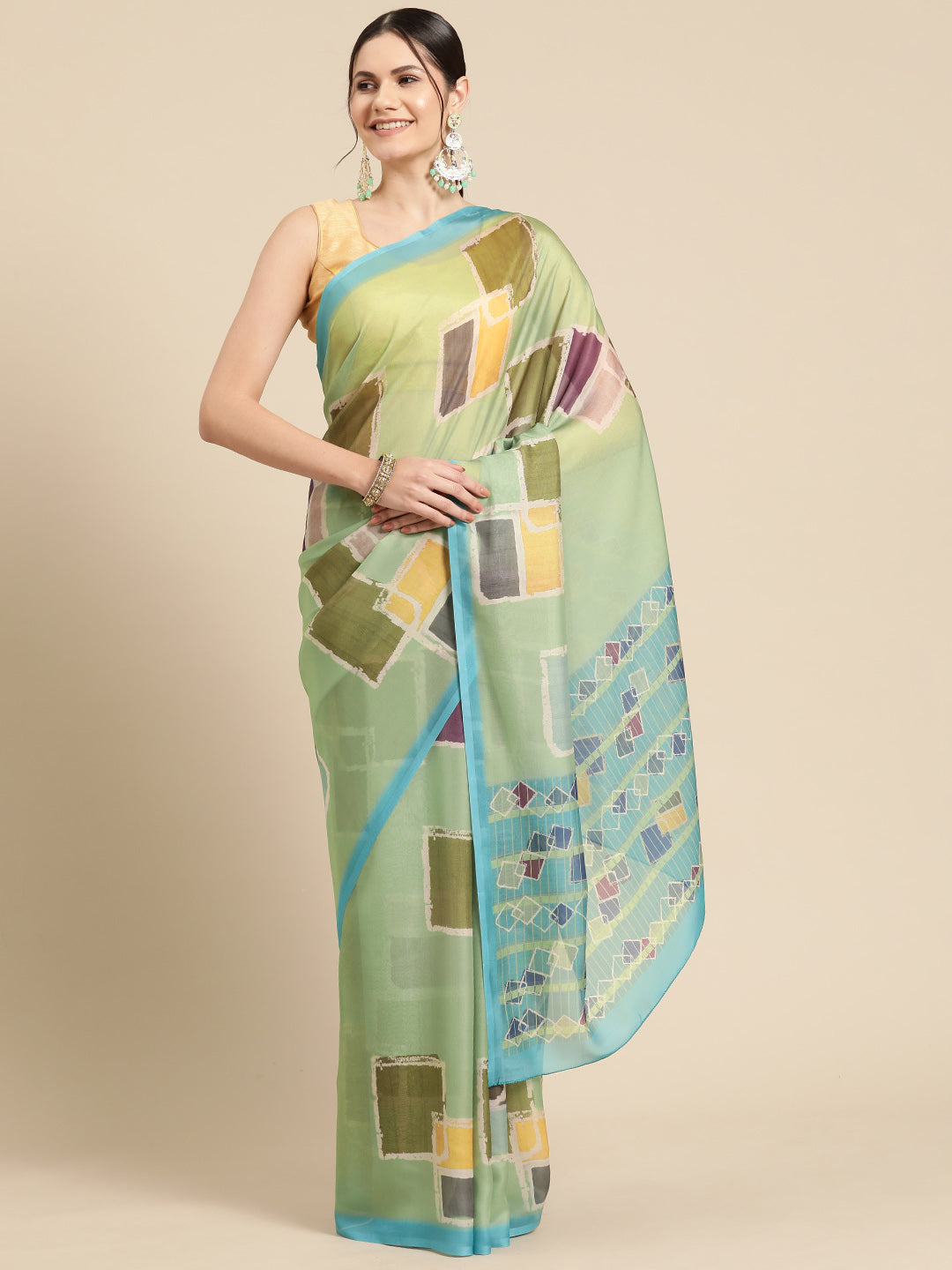 Olive Silk Blend Printed Abstract Saree with Unstitched Blouse - Hiral Fashion | Grocsy